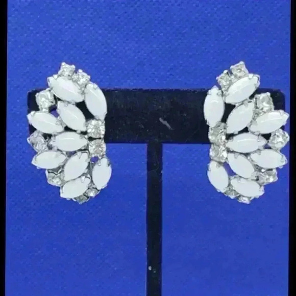 gale Jewelry - Vintage Earrings Clip White Milk Glass & Clear Rhinestones RARE Signed GALE